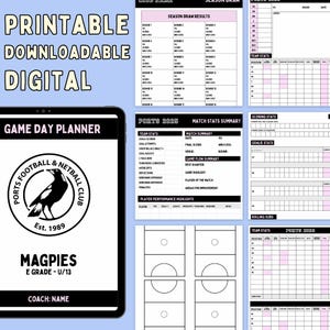 以下が含まれることがあります： 白黒のMagpiesロゴが入った、印刷可能なデジタルゲームデイプランナー。チーム統計、試合統計の概要、スコアリング統計、選手のハイライトのセクションが含まれています。E Grade U/13向け。