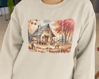 Cozy Autumn Deer Sweatshirt: Cottagecore Woodland Cabin Design