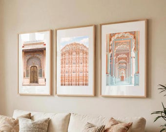 Set van 3 Jaipur-prints, Rajasthan-architectuurfotografie, 3-delige boho-muurkunst