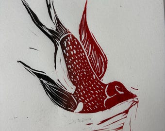 Rot-Schwarzer Linolschnitt Vogel-Druck – Fliegende Schwalbe Art