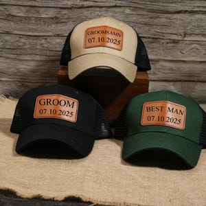 Custom Groomsman Hat - Personalized Groomsman Gift - Wedding Party Hats - Bachelor Party Cap - Leather Patch Hat - Best Man Hat - Groom Cap