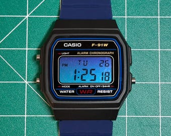 Modded Casio F91W Blue Watch: Custom Lens & Silicone Band
