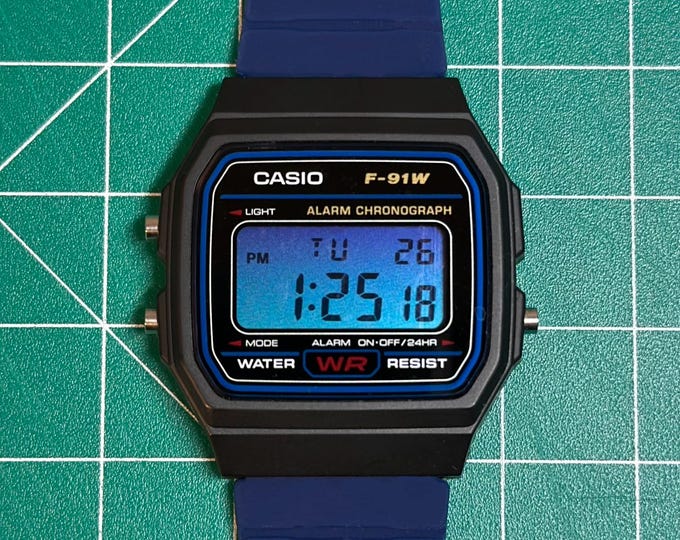 Modded Casio F91W Blue Watch: Custom Lens & Silicone Band