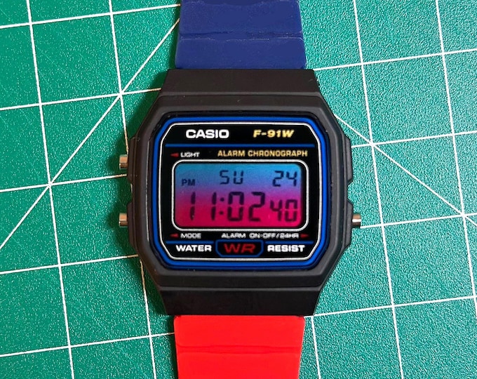 Modded Casio F91W Watch – Blue & Red Lens, Silicone Band