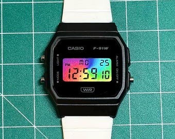 Modded Casio F91W Watch: Rainbow Lens & Silicone Band