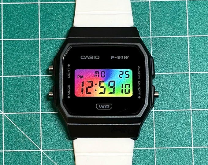 Modded Casio F91W Watch: Rainbow Lens & Silicone Band