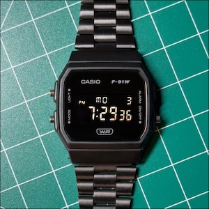 Inverted Modded Casio F91W Watch - Blackout Edition with Steel Bracelet image 1