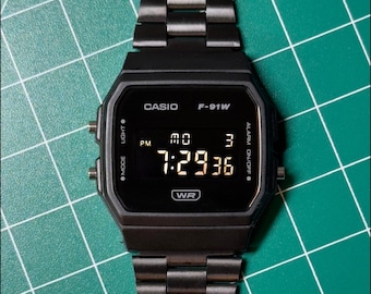 Inverted Modded Casio F91W Watch - Blackout Edition with Steel Bracelet