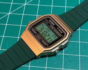 Modded Casio F91W: Green & Gold Digital Watch with Silicone Band