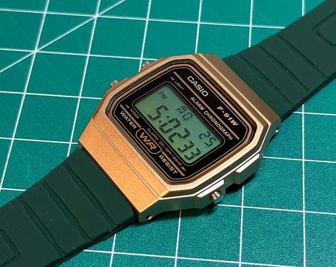 Modded Casio F91W: Green & Gold Digital Watch with Silicone Band
