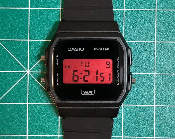 Modded Casio F91W "Blood Moon" Watch, Custom Lens & Silicone Band