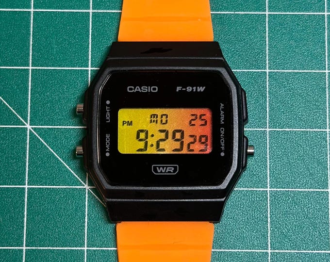 Modded Casio F91W Orange Watch: Custom Lens & Silicone Band