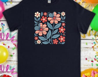 Floral American Flag Shirt, 4th of July Bella Canvas Independence Day Shirt,Patriotic Shirt,USA Flag Shirt Gift for Her,Festival Outfit Idea