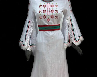 White Bulgarian Folk Dress – Handmade Long Cotton Dress with Traditional Embroidery