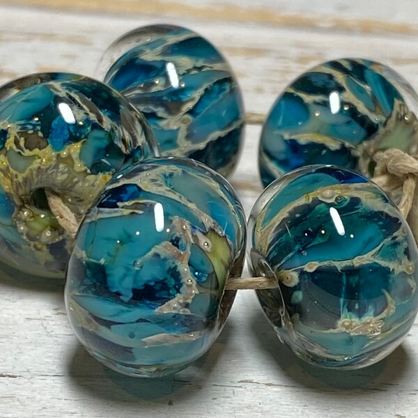 Glass beads, handmade lampwork glass beads aqua and blue, beach colors with silver drops lampwork beads for making jewelry 50224-1