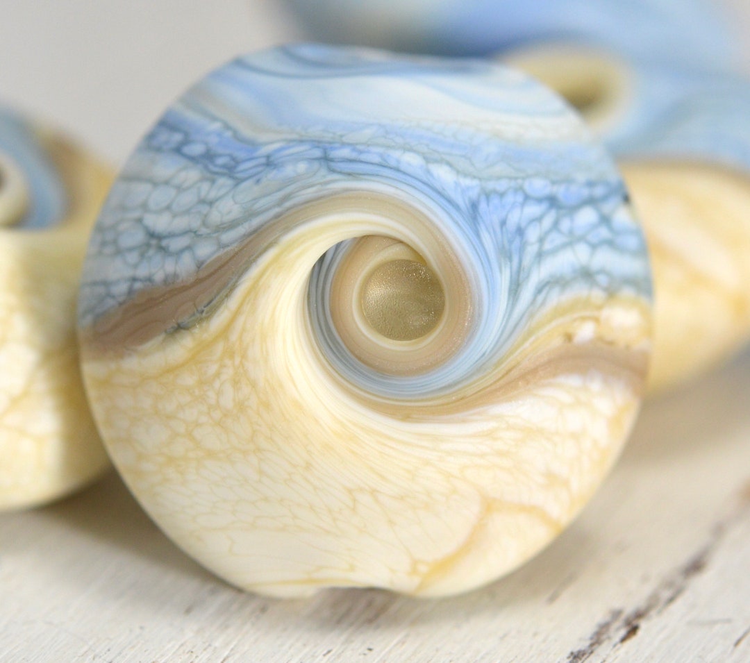 Lampwork Single...mto...ivory and Ocean Waves Beach Focal Lentil Shaped ...