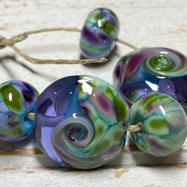 handmade Glass beads, lampwork glass beads aqua, lavender and green, beach colors with silver drops lampwork beads 50224-5