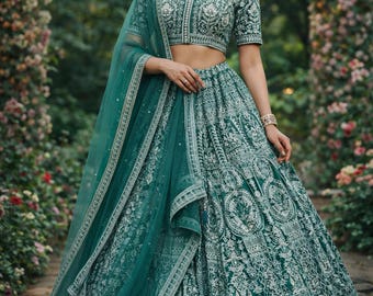Teal Green Embroidered Lehenga Choli Set: Indian Bridal Wedding Party Wear Dupatta