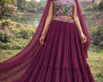 Handcrafted wine colour Lehenga with Mirror, Sequin and Stone Embellishments