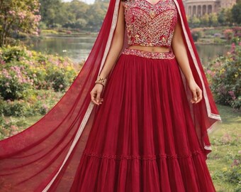 Red Mirror Work Lehenga with Heavy Stone Embellishment  Party Wear