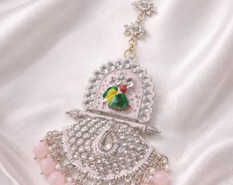 Kundan Maang Tikka: Radha Krishna Bridal Headpiece, Indian Wedding Jewelry (Red/Blue/Pink)