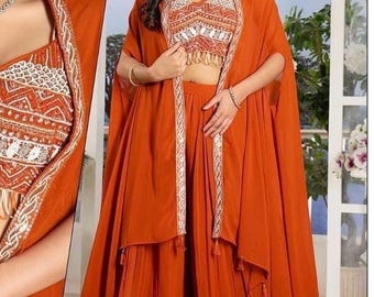 rusty orange 3-piece indowestern set cape/blouse/plazo