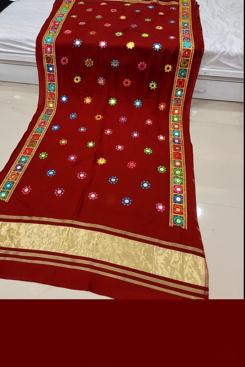 Embroidery and mirror work modal silk dupatta maroon