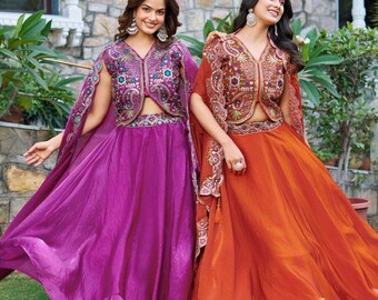 Tissue silk embroidery skirt and shrug set- festive ethnic wear for women