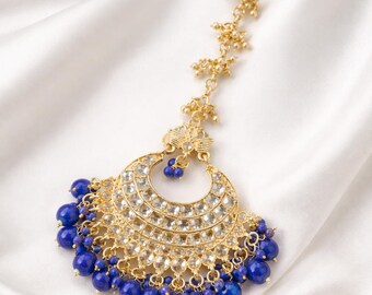 Royal Blue Kundan Maang Tikka, Gold Bridal Headpiece, Traditional Indian Wedding Jewelry