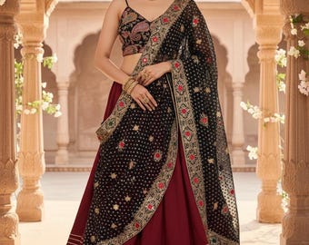 Red and black Chaniya Choli, Jaipur Silk Blouse, Roman Silk Skirt, Bandhani Dupatta