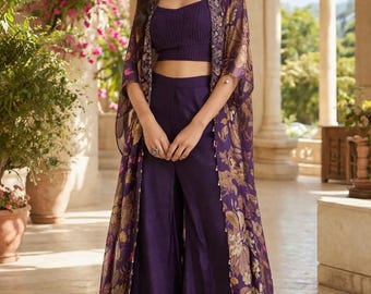 3 piece Purple indo western with printed shrug