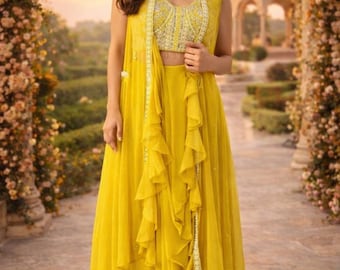 3 Piece Indo Western Outfit with Preplated skirt and Cape  Set