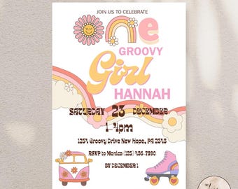 Groovy Girl 1st Birthday Canva Template: Retro 70s Party Decor (Digital Download)