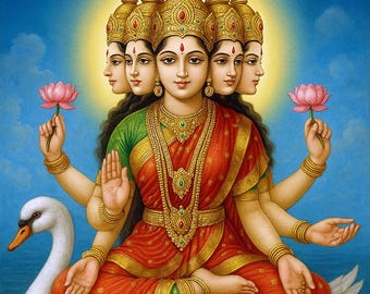 Gayatri Mata Art: Hindu Goddess on Swan, Spiritual Home Decor (Digital Download)