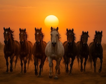 Seven Running Horses Sunset Print | Vastu Shastra Wall Art (Digital Download)
