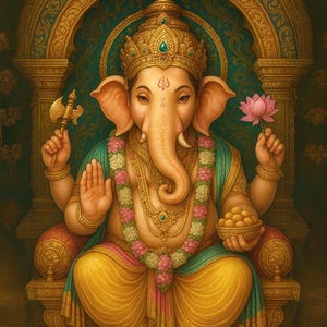 May include: A depiction of the deity Ganesha seated on an ornate throne, wearing a golden crown with a teal gemstone, a floral garland, and yellow garments. Ganesha holds a small axe, a pink lotus flower, and a bowl of round sweets.
