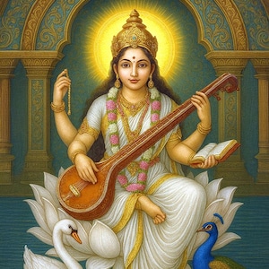 Divine Saraswati Mataa Digital Art Download – Printable Hindu Goddess Wall Decor