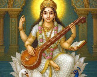 Divine Saraswati Mataa Digital Art Download – Printable Hindu Goddess Wall Decor