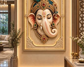 Lord Ganesha 3D Wall Art, Ornate Indian Spiritual Portrait (Digital Download)