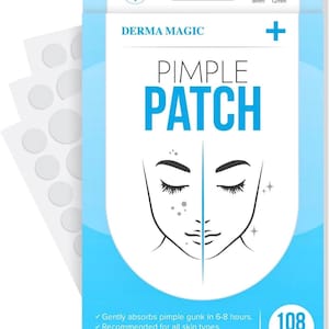 May include: A package of Derma Magic Pimple Patches. The package is light blue and white, with the words "Pimple Patch" in large, blue letters. The package also features an illustration of a face and contains 108 hydrocolloid patches.