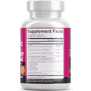 Puede incluir: Una botella de suplemento blanca con una etiqueta rosa y blanca. La etiqueta muestra "Supplement Facts" y enumera ingredientes como vitamina C, D-Manosa y extracto de ar&aacute;ndano. La botella contiene 30 porciones de 2 c&aacute;psulas cada una.