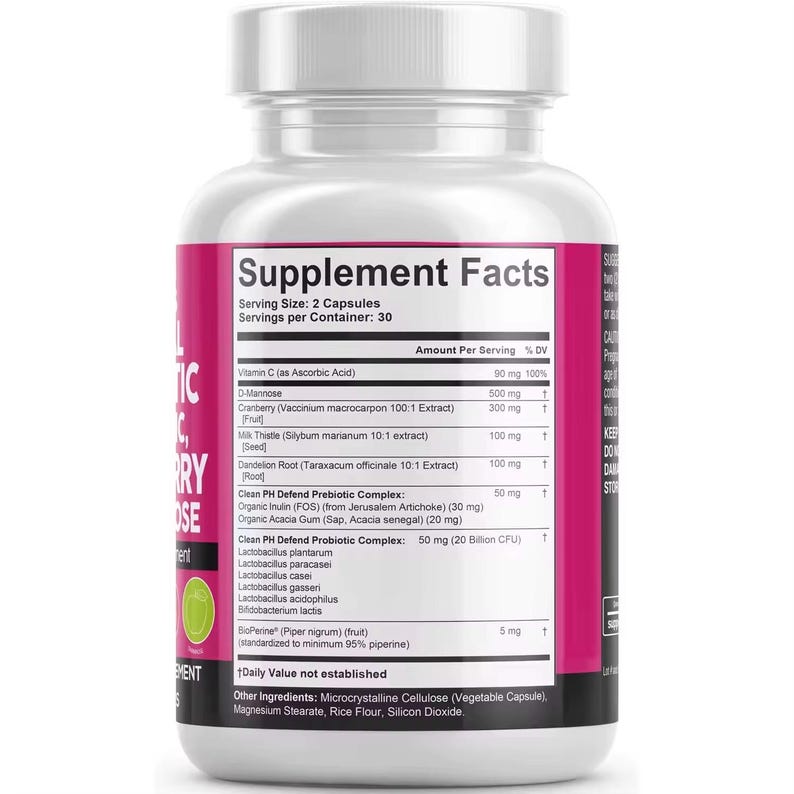 Puede incluir: Una botella de suplemento blanca con una etiqueta rosa y blanca. La etiqueta muestra "Supplement Facts" y enumera ingredientes como vitamina C, D-Manosa y extracto de ar&aacute;ndano. La botella contiene 30 porciones de 2 c&aacute;psulas cada una.