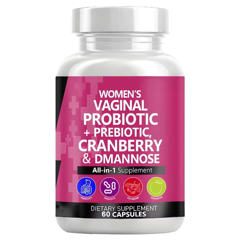 Puede incluir: Una botella de pl&aacute;stico blanco con tapa blanca, que contiene 60 c&aacute;psulas. La etiqueta es rosa y presenta el texto "WOMEN'S VAGINAL PROBIOTIC + PREBIOTIC, CRANBERRY & DMANNOSE". Tambi&eacute;n incluye iconos y las palabras "All-in-1 Supplement".