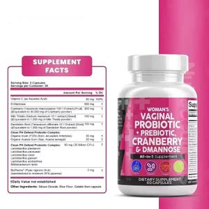 Puede incluir: Una botella blanca de suplemento diet&eacute;tico "Woman's Vaginal Probiotic + Prebiotic, Cranberry & D-Mannose". La etiqueta incluye informaci&oacute;n nutricional y el texto "All-in-1 Supplement" y "60 Capsules".