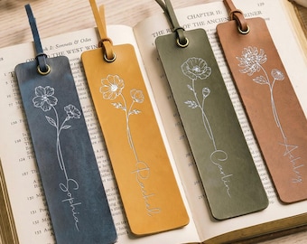 Marcador de livros personalizado em couro com nome impresso em folha dourada com a flor de nascimento, presente de aniversário personalizado para amantes de livros, presente para madrinhas, presente de casamento