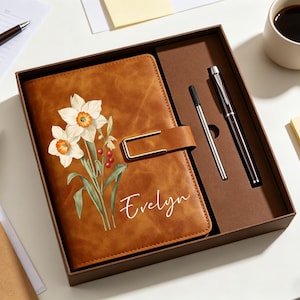 Personalization Leather Journal With Name, Custom Birthflower Journal, Notebook With Soft Leather Cover, Xmas Gift For Her Birth Flower Gift