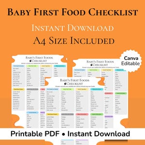 Puede incluir: Una lista de verificación en PDF imprimible para los primeros alimentos del bebé, con una lista completa de alimentos para introducir. El diseño incluye el texto "Baby First Food Checklist" y "Instant Download". Se incluye el tamaño A4.