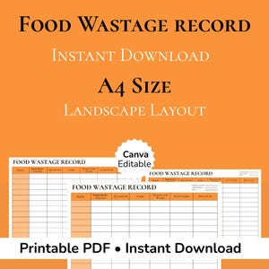 May include: An orange and white printable PDF document titled "Food Wastage Record." The document is A4 size with a landscape layout. The text "Instant Download" and "Canva Editable" are also visible.