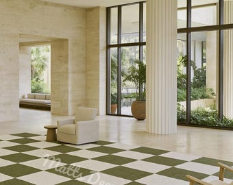 Salbeigrüner karierter Wollteppich, Boho-Dekor im Mid-Century-Stil mit geometrischem Karomuster