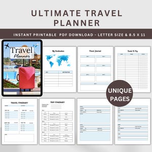 May include: A digital travel planner with the text "ULTIMATE TRAVEL PLANNER". The planner includes pages for destinations, travel journals, itineraries, and unique pages. The planner is a PDF download, letter size, and 21.6 x 27.9 cm.
